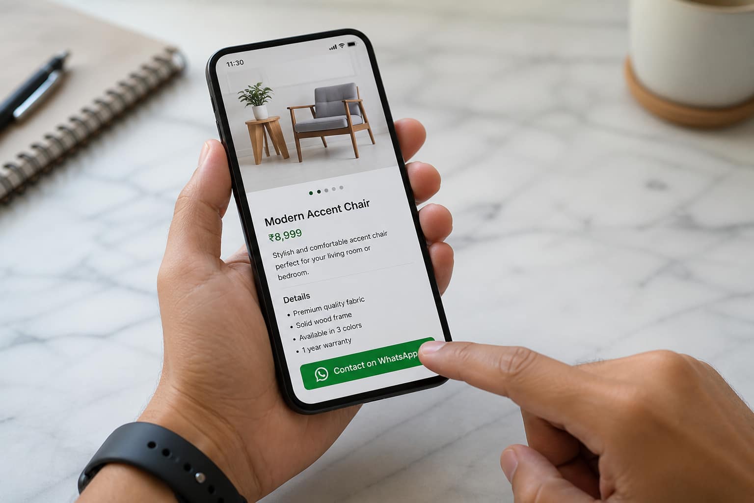 Clique no botão de WhatsApp em uma página de produto